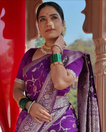 Meenakshi Rathod Purple Banarasi Shalu Saree