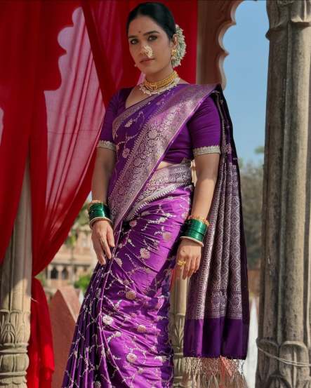 Meenakshi Rathod Purple Banarasi Shalu Saree