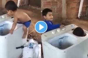 Shocking viral video of child dangerous play with washing machine goes viral people are in shock