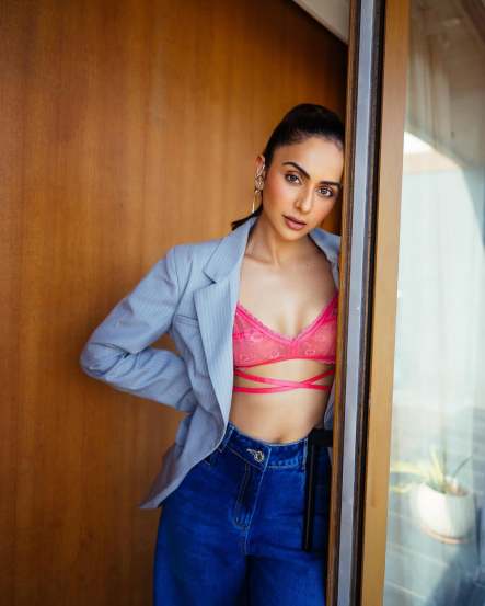 Rakul Preet Singh share pictures in blue one piece on social media for the promotions of her upcoming movie Mere Husband Ki Biwi