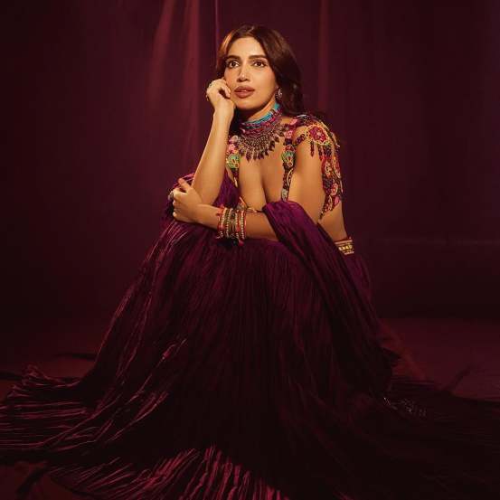 Bhumi Pednekar Shares photos for her new upcoming movie Mere Husband Ki Biwi on social media in wine color lehenga