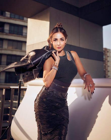 Malaika Arora shares pictures in grey tank top and bodycon skirt with unique diamond jewellery on social media