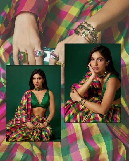  Bhumi Pednekar shares pictures in green silk saree for the promotions of her upcoming movie Mere Husband Ki Biwi