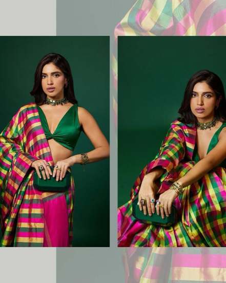  Bhumi Pednekar shares pictures in green silk saree for the promotions of her upcoming movie Mere Husband Ki Biwi