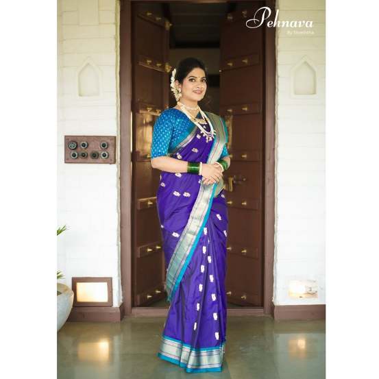 Dhanashri Kadgaonkar shares pictures in violet paithani saree on social media on the occasion of Shivaji Jayanti