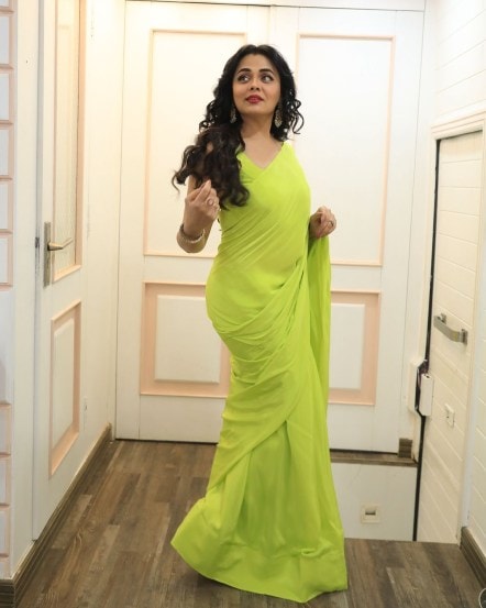 Prarthana Behere poses in traditional yellow saree for the promotions of her upcoming movie Chiki Chiki BooBoom Boom