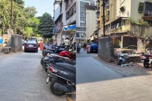 Traffic is obstructed due to wall on road behind Brahmin Sabha in Dombivli East