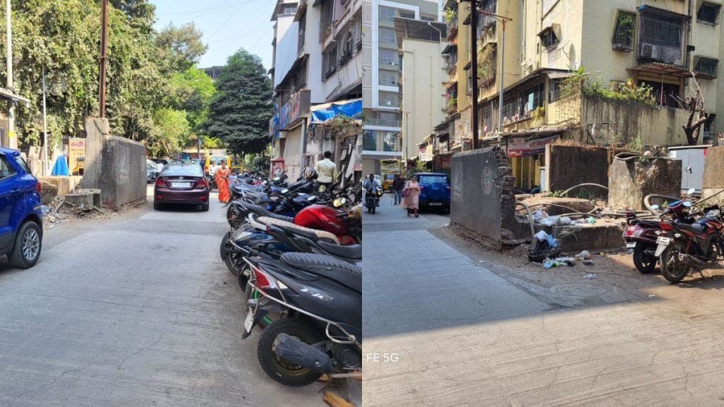 Traffic is obstructed due to wall on road behind Brahmin Sabha in Dombivli East