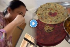 Woman makes heart shaped Valentine Paratha