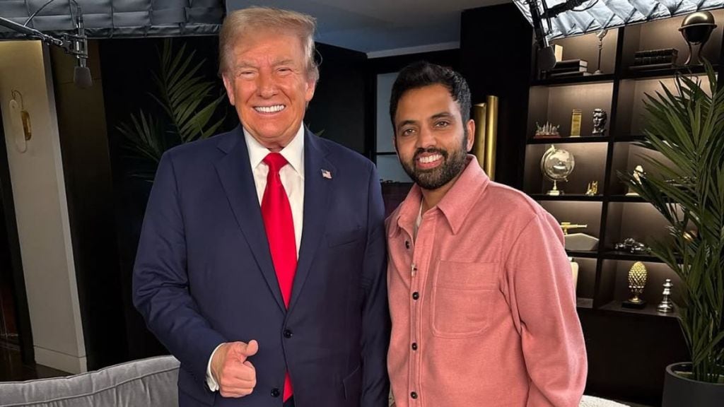 Ranveer Allahabadia and Samay Raina in a public discussion, with American comedian showing support in the backdrop of controversy.