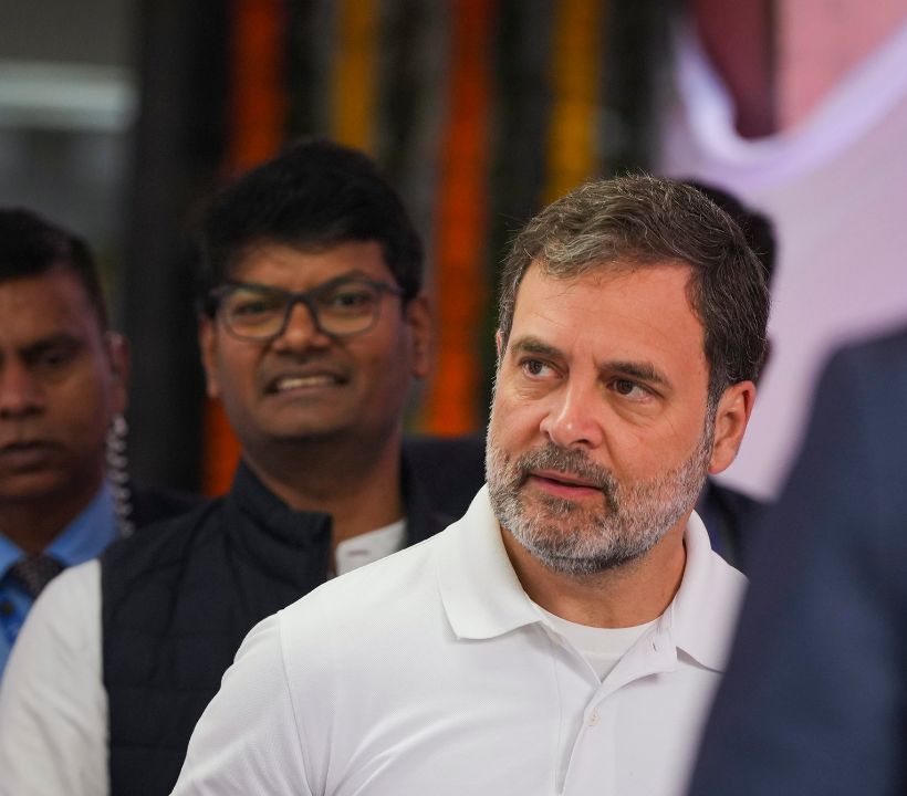 Congress leader and LoP in Lok Sabha, Rahul Gandhi, arrived to cast his vote at a polling booth during the Delhi Assembly elections. (PTI Photo)