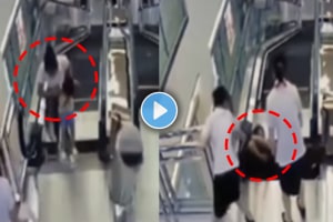 Mother saved her child got into escalator accident shocking video viral on social media