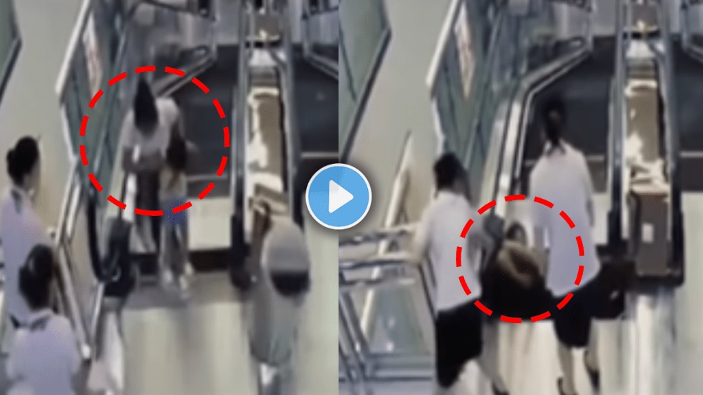 Mother saved her child got into escalator accident shocking video viral on social media