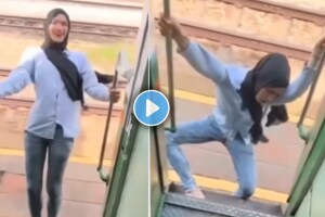 Shocking video of young girl standing outside of train door doing stunt for reel viral video on social media