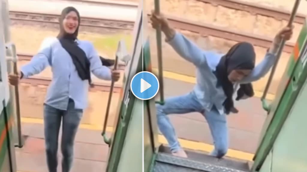 Shocking video of young girl standing outside of train door doing stunt for reel viral video on social media