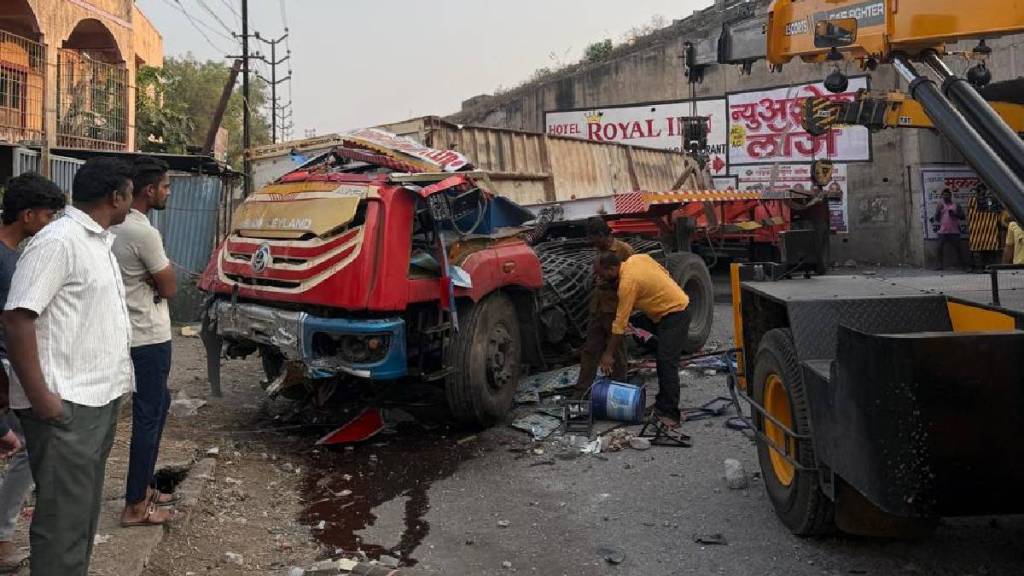 pune solapur National highway road accident Driver killed container falls Bhigwan bridge