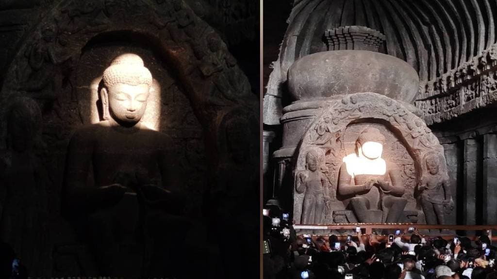 Tourists throng to watch the Kirnotsav at the Buddha statue in Verul Cave Chhatrapati Sambhajinagar