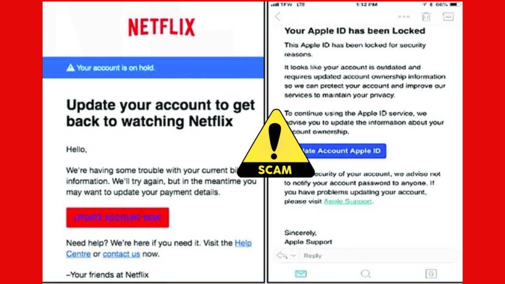 "Warning about phishing emails and scam texts impersonating Netflix."