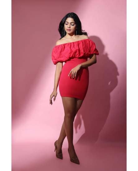 Pooja Sawant Pink Off Shoulder Dress