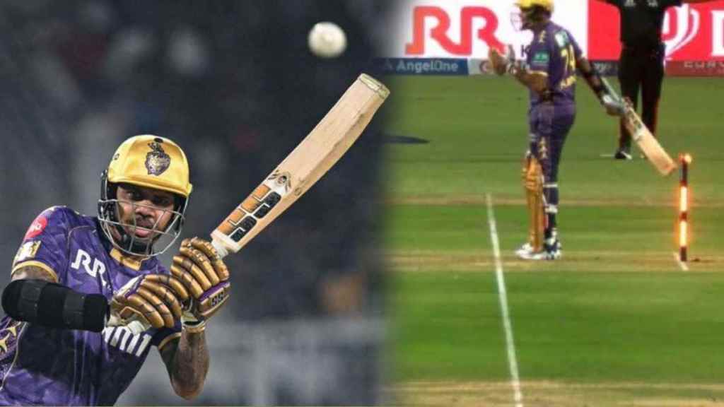 KKR vs RCB Sunil Narine Hit Stumps with Bat Still Not Given Hit Wicket Out What is The Rule